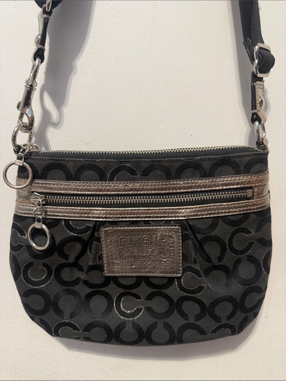 Coach Black Signature Canvas Crossbody with Bronze Trim